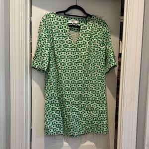 Vintage Tibi White and Green Geometric Notch-Neck Mini Dress